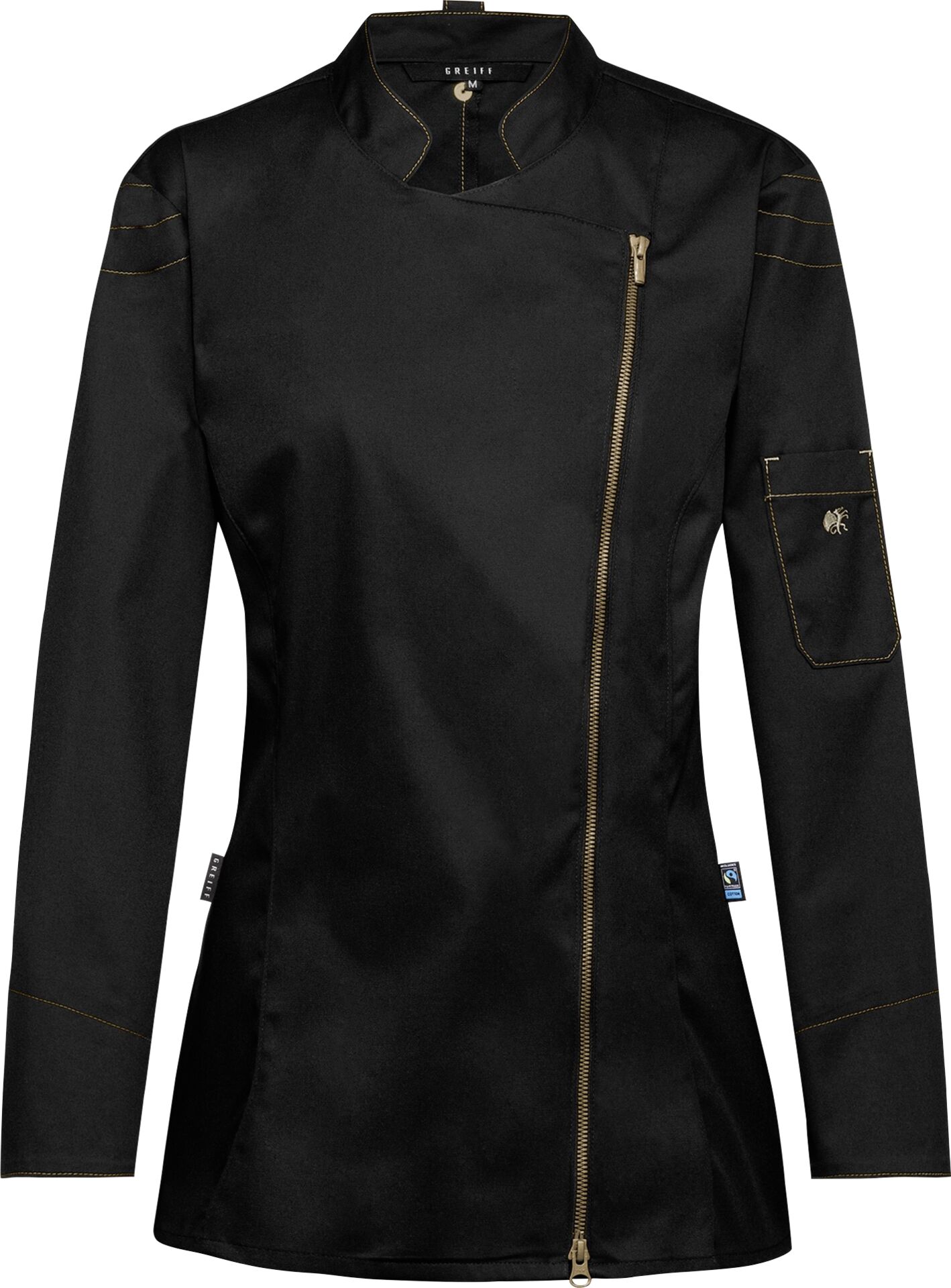 Kochjacke Damen, Kontrast-RV grau, langarm, schwarz, Fair Trade, PREMIUM Gr. S